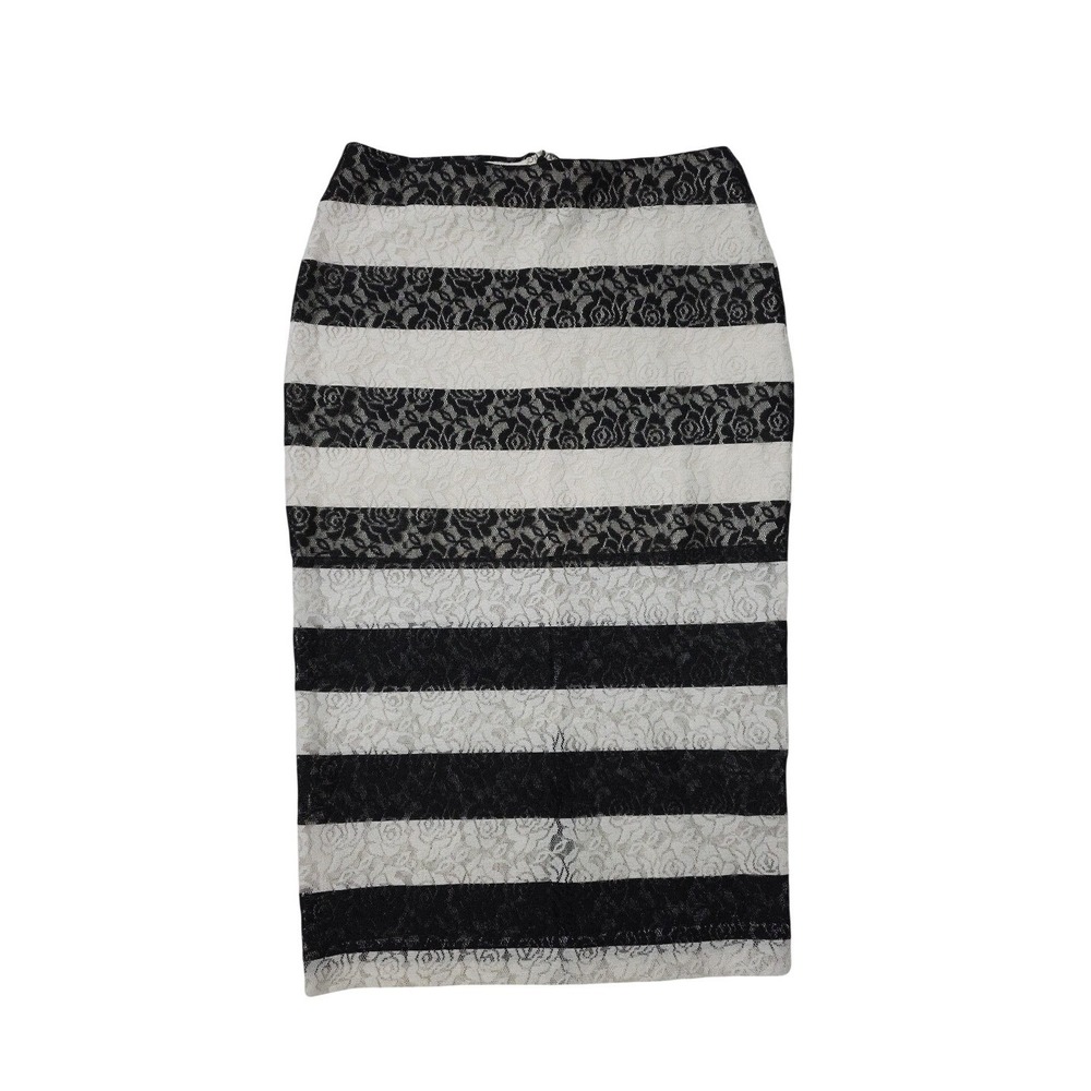Express Womens Black White Striped Floral Lace Midi Pencil Skirt Sz 4 High Waist